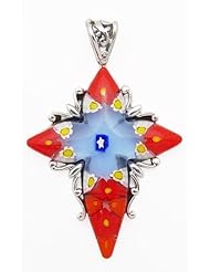 Sterling Silver Red, White, Blue Millefiori Glass Star Cross Pendant