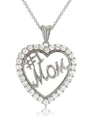 Sterling Silver Created White Sapphire Heart Mom Pendant Necklace, 18"