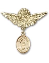 Gold Filled Baby Badge with St. Sharbel Charm and Angel with Wings Badge Pin