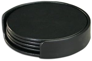 Black Leather 4 Coaster Set with Holder