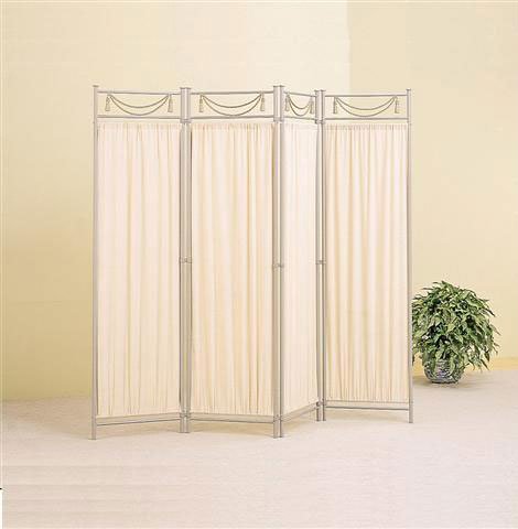 Room Screen/Divider 4 Panel White Gold Finish Tassel Frame with Muslin Insert