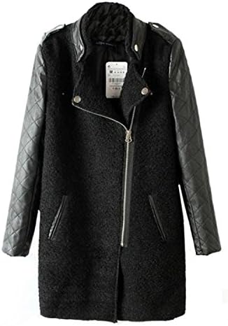 Neestaa Vintage Women Contrast Leather Quilted Sleeve Zipper Coat Collar Jacket