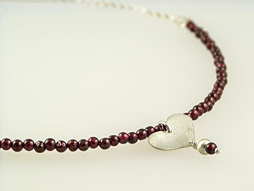 garnet beaded necklace with silver heart pendant