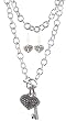 Heart and Key Charm Necklace + Matching Heart Earrings Set - Silver Plated Metal Link with Toggle Closure (18") (FB183)