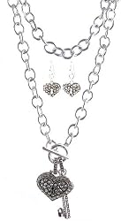 Heart and Key Charm Necklace + Matching Heart Earrings Set - Silver Plated Metal Link with Toggle Closure (18") (FB183)