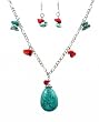 Necklace - N6 - Turquoise Gemstone and Coral Beads Drop Necklace + Matching Earrings ~ Oval