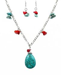 Necklace - N6 - Turquoise Gemstone and Coral Beads Drop Necklace + Matching Earrings ~ Oval
