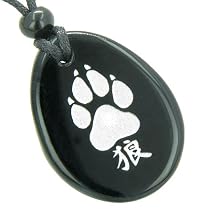 Lucky Wolf Paw Kanji Spiritual Amulet Black Onyx Wish Totem Gem Stone Necklace Pendant