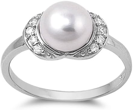 Sterling Silver 8mm Mother of Pearl & Clear CZ Ring (Size 5 - 9) - Size 6
