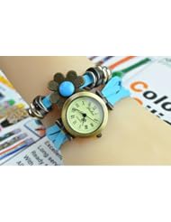 KANO BAK(TM) Fashion Weave Wrap Around Press Button Leather Retro Bracelet Woman Girl Unisex Sunflower Wrist Nice Gift Watch Sky blue