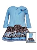 Rare Editions Baby/Infant Girls 12M-24M TURQUOISE BLUE BROWN SEQUINED FLORAL DROP-WAIST Cardigan/Jacket Dress Set