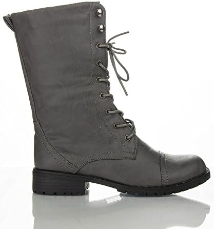 Women's Military Combat Colored Lace Up Mid Calf Boots With Zipper Closure GREY PU (10)