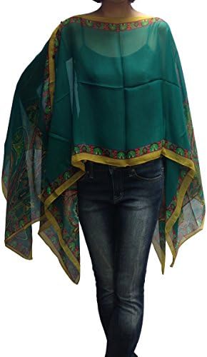 Scarf Caftan Tunic Poncho Cover-up, Paisley Print, Green Color-Yellow Trim
