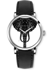 Analog Silver Women Watches Black Leather Wristband - Elephant