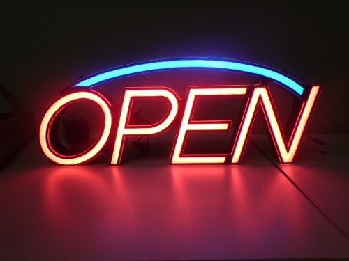 LED Electronic Open Sign with Both On & Off & Flash/No Flash switches ; speed control dial; and 3-year warranty