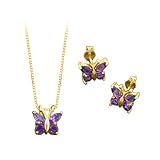 10K Yellow Gold Amethyst Butterfly Necklace and Earrings Set