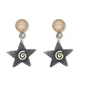 Pair of Sterling Silver Star Post Earrings, 22kt yellow-gold color, peach moonstone