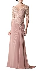 Plus Size A-line V-neck Dropped   Waistline Gathered Asymmetric  Beaded Lace Chiffon/Georgette Mother-of-the-Bride Dress  with a Brush/Sweep Train  With a Bow(s)