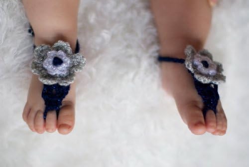 Ftbstyle Cute Handmade Knit Flowers Barefoot Sandals Newborn Baby Shoes 8 Colors (Gray/white/blue)
