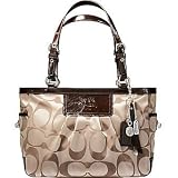 AUTHENTIC COACH GALLERY SIGNATURE SATEEN PATENT TOTE 13025 (Khaki/Brown)