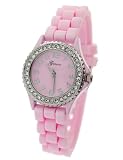 Geneva Women's Pink Silicone Designer Watch with Baguette Stones Bezel