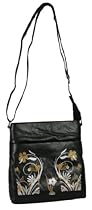 Hot Sale Leather Crossbody Bag Medium With Butterfly and Floral Design (Black)