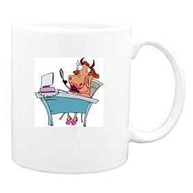 Mug with computer, cow, office, lipstick, desk by Shopzeus