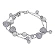 Rhodium Plated Sterling Silver White Shell Pearl and Cubic Zirconia Double Layered Heart and Bead Shaped Bracelet, 7.5