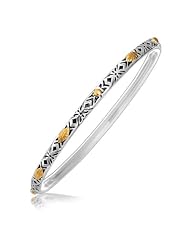 18K Yellow Gold and Sterling Silver Filigree Slim Bangle with Leaf Accents