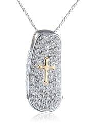 Sterling Silver Two-Tone Rhodium and Yellow Gold Plated Cross and Crystal Chain Pendant Necklace, 18"