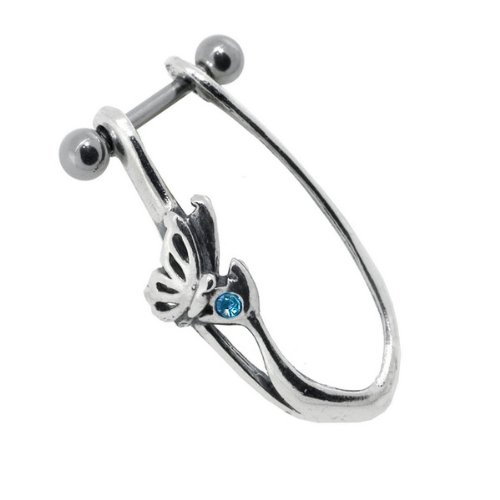 Aqua Butterfly Wings Sterling Silver Cartilage Piercing Earring Dangle - LEFT EAR