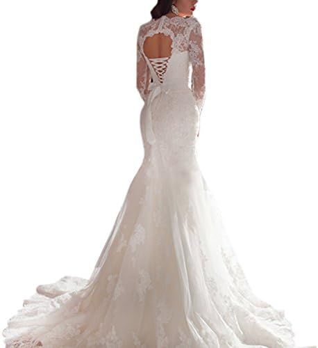 YCDdress Long Sleeve Lace Mermaid Applique Wedding Dress Bridal Gown (10, White)