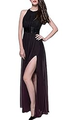 Empire   Waistline Floor Length Chiffon Halter Backless Belted Open-Back Ruched Slit Tunic 