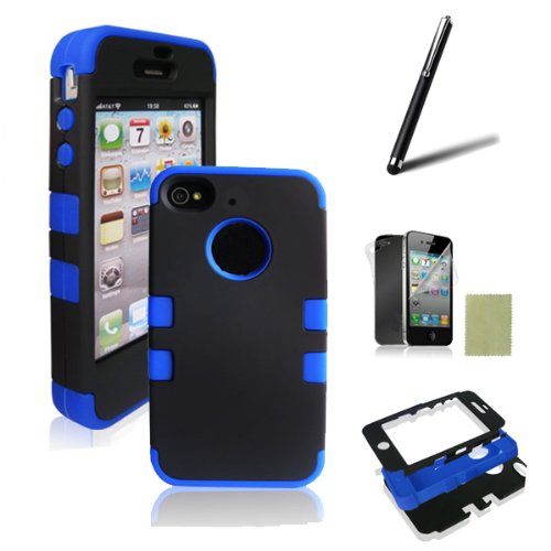SQdeal® 3-PIECE HYBRID HIGH IMPACT HARD CASE FOR IPHONE 4 4S+STYLUS+F&B PROTECTOR