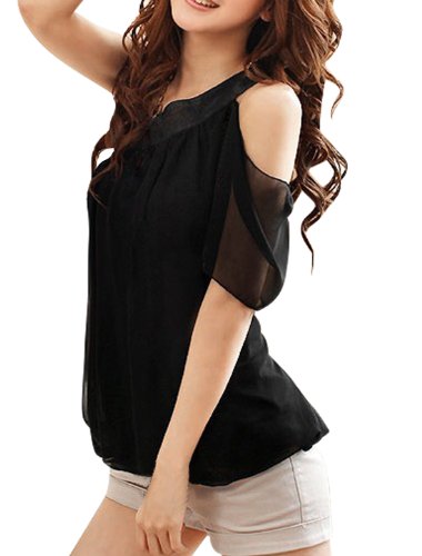 Allegra K Women's One Shoulder Asymmetrical Neck Semi Sheer Chiffon Blouse