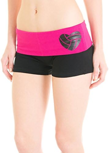 Juniors Two Tone Fold Over Volleyball Spandex Shorts Pink or Turquoise (Medium, Fuchsia)