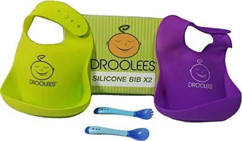 Droolees Waterproof, Widemouth, Silicone Feeding Bibs, Unisex, Washable, Includes Bonus Item, Rolls up for Travel, 2 Pack