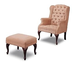 Button Tufted Wing Accent Chair & Ottoman With Nail Head Trim