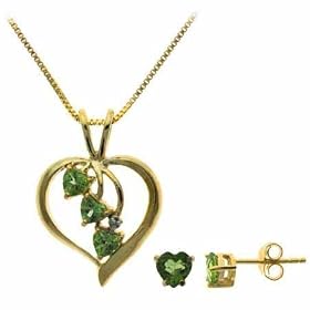 Vermeil (24k Gold over Sterling Silver) Genuine Diamond and Peridot Heart Pendant Stud Earrings Set