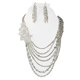 Silvertone Beaded Chain Flower Layer Necklace Earring Set Fashion Jewelry 24"