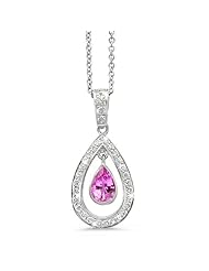 Twin Pear Shaped Diamond Pendant In 18K White Gold With A 0.75 ct. Genuine pink-sapphire Center Stone.