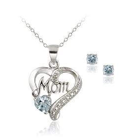 Sterling Silver Blue Topaz &amp; Diamond Accent MOM Heart Pendant and Earrings Set: Jewelry