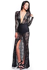 Junior Sexy Full Length Lace Long Sleeves Nylon/Spandex Plunging Neck Jumper/Maxi Dress 