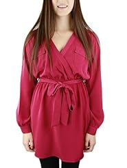 V-neck Belted Wrap Elasticized   Waistline Long Sleeves  Shirt  Dress With a Ribbon 
