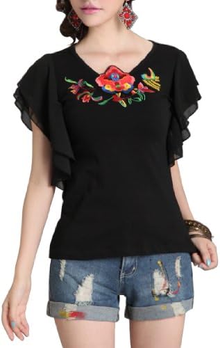 Sweet Brownie T Shirt Embroidery Chiffon Butterfly Sleeve Ruffled Slim Women Clothing