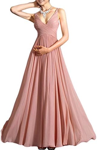 PARICI Womens Sexy Chiffon Bridesmaid Evening Gown Low-Cut Wedding Maxi Dress,Pink,Small(USA Size:0-2)