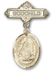 14K Gold Baby Badge with St. Edburga of Winchester Charm and Godchild Badge Pin