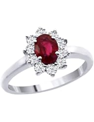 1.11 Ct Natural 6x4mm Oval Red Ruby and White Diamonds 14K White Gold Ring