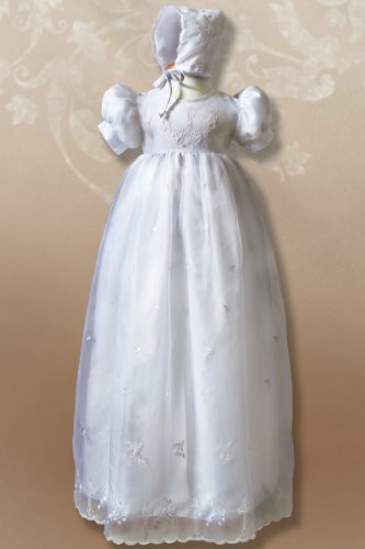 Cross Embroidered Christening Gown with Sheer Overlay, 0-3 Months, up to 10 lbs