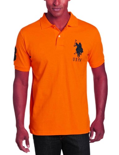 U.S. Polo Assn. Men's Solid Pique Shirt with Big Pony (Small, Bright Orange)